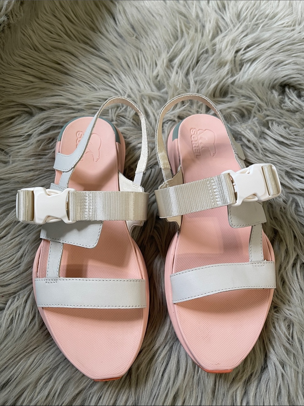 Sorel White Strap Sandals with Pink Footbed